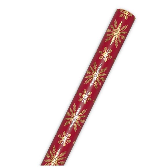 Hallmark Wrapping Paper Christmas Elegant Gold Snowflakes on Red 22.5 sq ft Roll - Picture 4 of 6